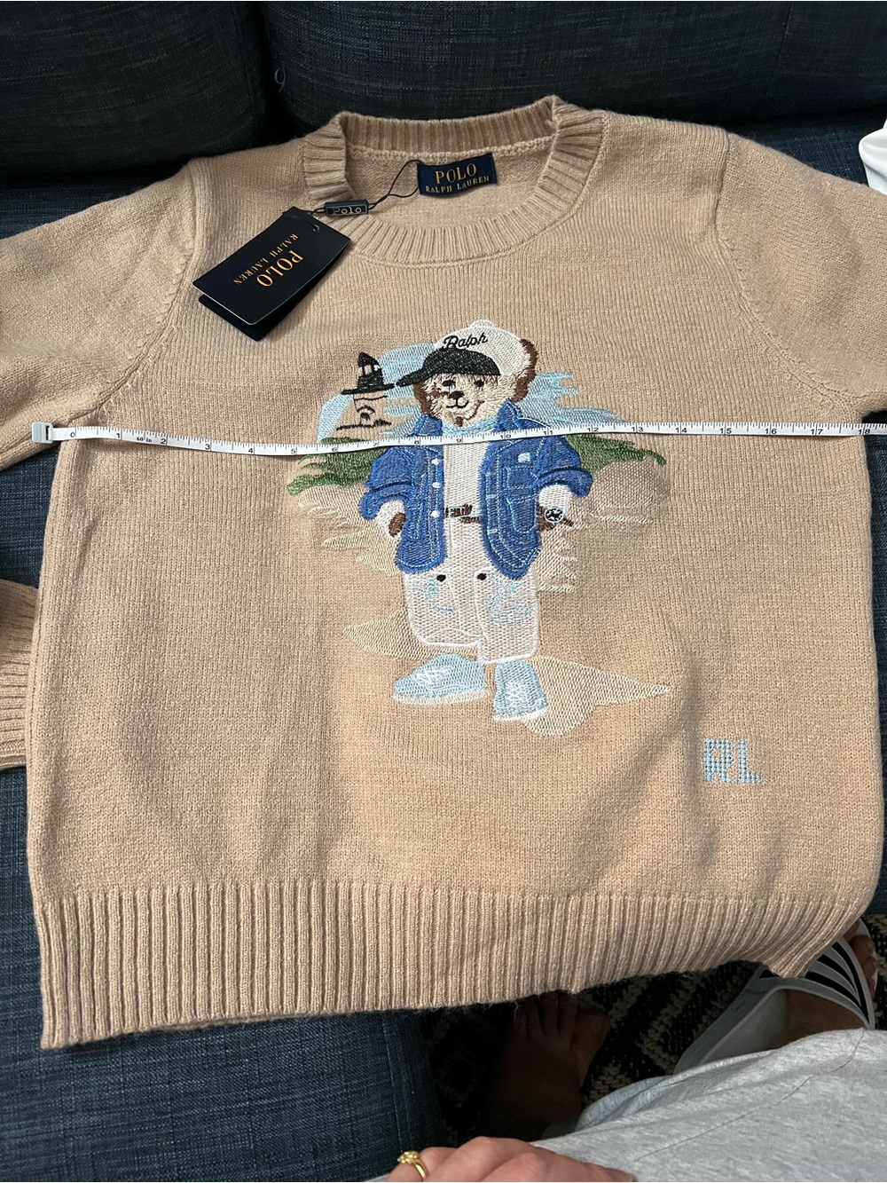 Beige Crewneck Sweater with Embroidered Blue Bear